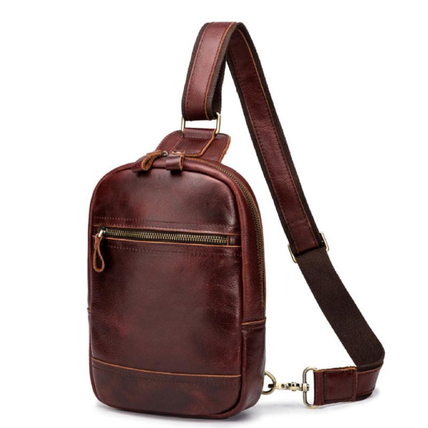 Brown Leather Men's Sling Bag Red Brown - Back View