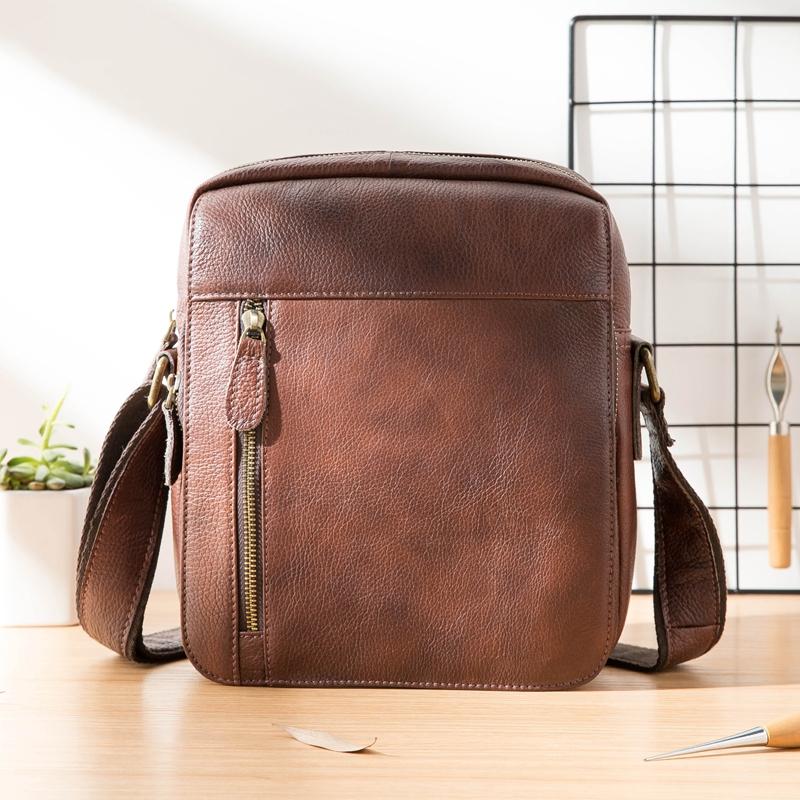 Cool Brown Leather Mens Vertical Side Bag Postman Bag Small Messenger Bags Courier Bag for Men