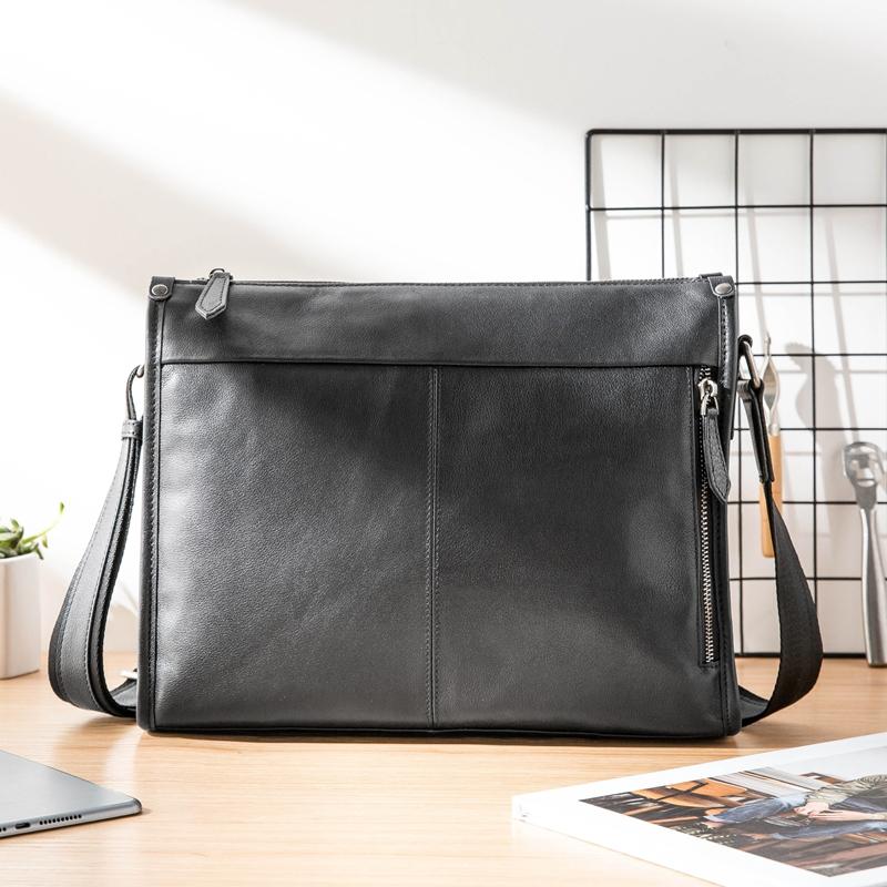 Fashion Black Leather Mens 12 inches Side Bag Messenger Bags Black Postman Bag Courier Bag for Men