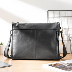 Fashion Black Leather Mens 12 inches Side Bag Messenger Bags Black Postman Bag Courier Bag for Men