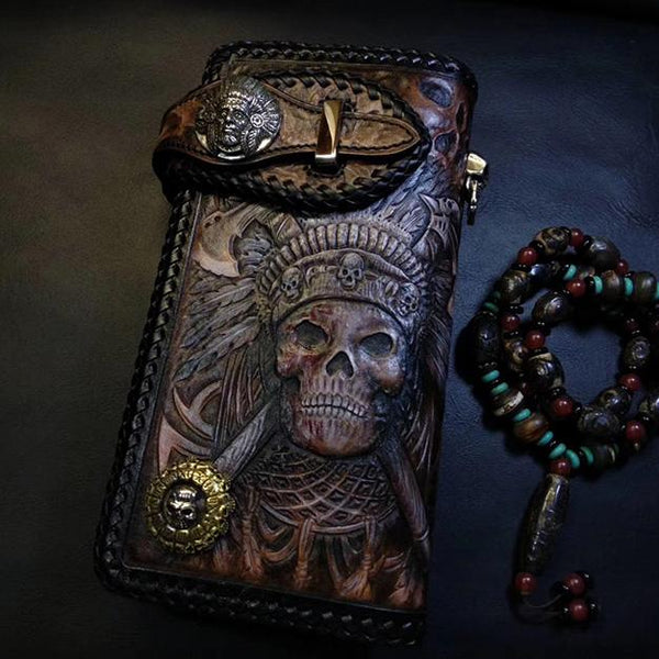 Badass Black Leather Men's Indian Chief Skull - Back View