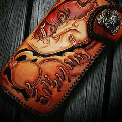 Handmade Leather Tooled Buddha&Demon Mens Chain Long Biker Wallet Cool Leather Wallet With Chain Wallets for Men