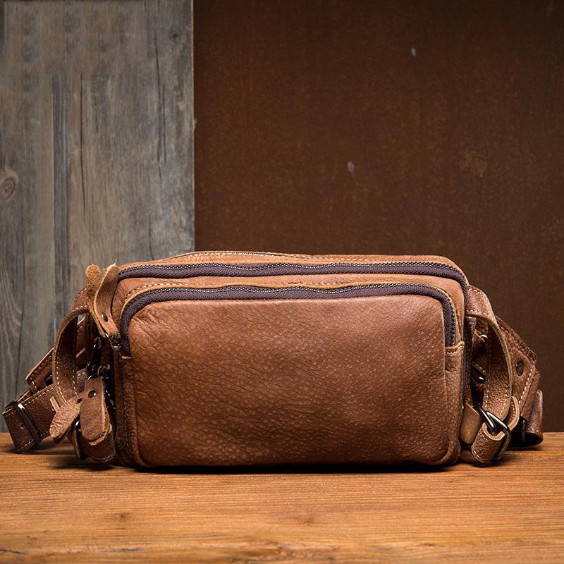 Khaki Leather Mens Fanny Pack Brown Waist Bag Hip Pack Belt Bags Bumbag for Men