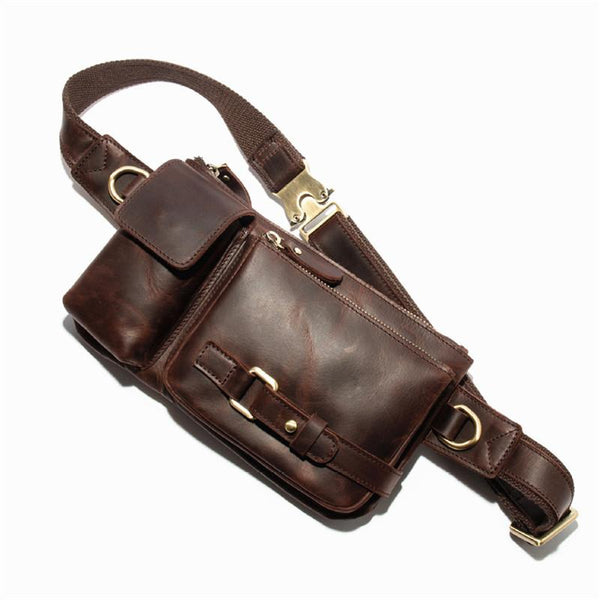 Top Leather Fanny Pack Men's Dark Brown - Back View