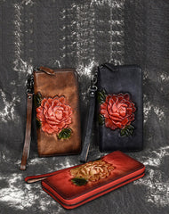 Womens Brown Leather Zip Around Wallet Peony Flower Wristlet Wallet Floral Ladies Zipper Clutch Wallet for Women