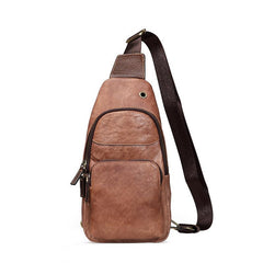 Brown Cool LEATHER MENS 8 inches Sling Bag Yellow One Shoulder Backpack Gray Chest Bag For Men