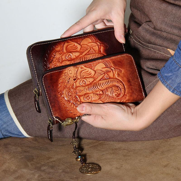 Handmade Leather Ganesha Tooled Biker Chain Mens - Back View