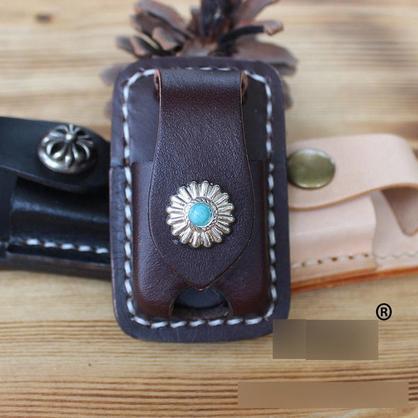 Handmade Mens Black Leather Slim Zippo Lighter - Back View