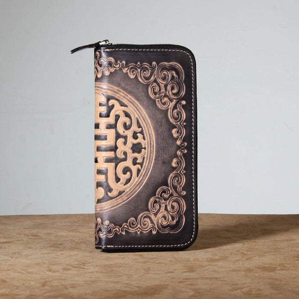 Handmade Genuine Leather Mens Cool Tooled Long - Back View
