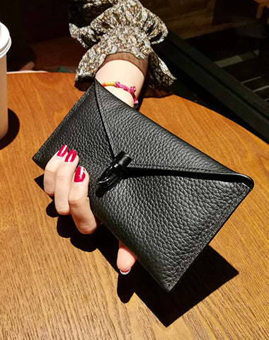 Cute Womens Black Leather Envelope Wallet Slim Clutch Purse Checkbook