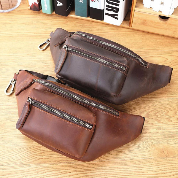 Brown MENS LEATHER FANNY PACK BUMBAG Hip Pack Brown Leather WAIST BAGS for Men FY01882189