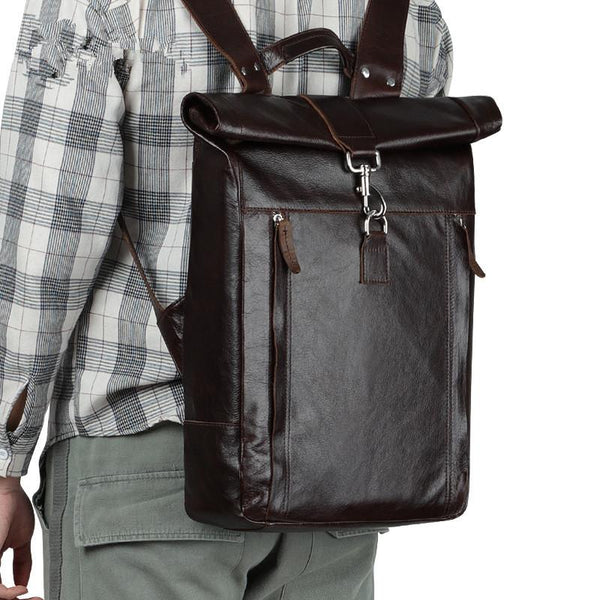 Fashion Coffee Leather Men's 15 inches Rollup - Back View