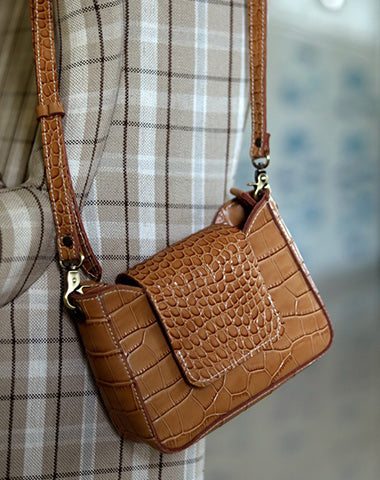 Brown LEATHER Side Bag WOMEN Crocodile Pattern SHOULDER BAG Small Crossbody Purse FOR WOMEN