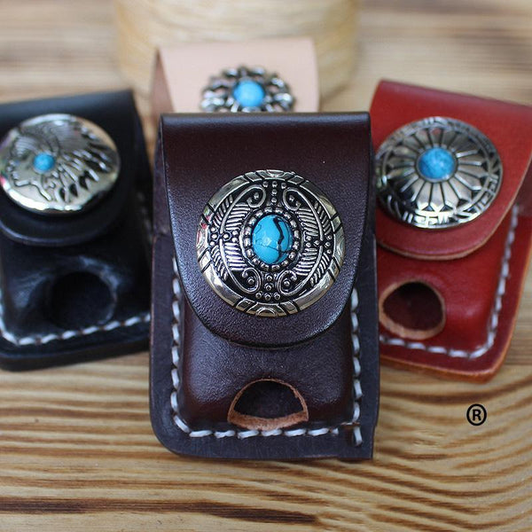 Handmade Mens Coffee Leather Slim Zippo Lighter - Back View