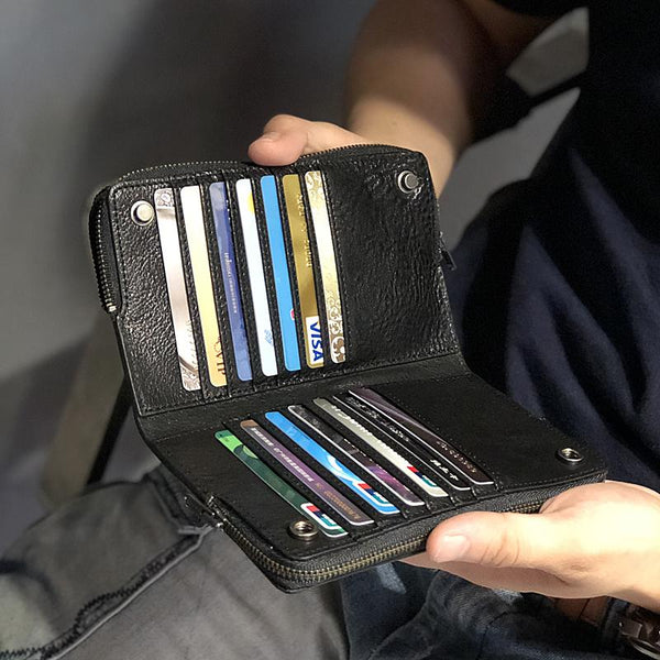 Handmade Black Leather Mens Bifold Long Wallet - Back View