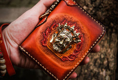 Handmade leather God Mahakala billfold biker wallet clutch zip wallet brown tooled - EverHandmade