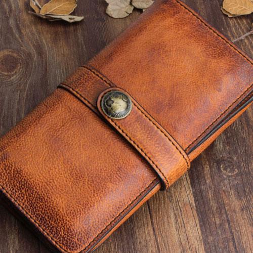 Handmade Leather Mens Cool Long Leather Wallet Bifold Clutch Wallet for Men