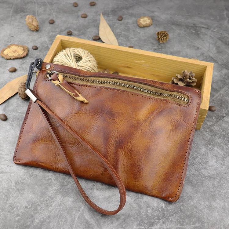 Retro Soft Leather Brown Men's Business Black Clutch Bag Purse