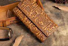 Handmade Long Leather Wallet Carved Vintage Wallet Botton Clucth Purse For Men Women - EverHandmade