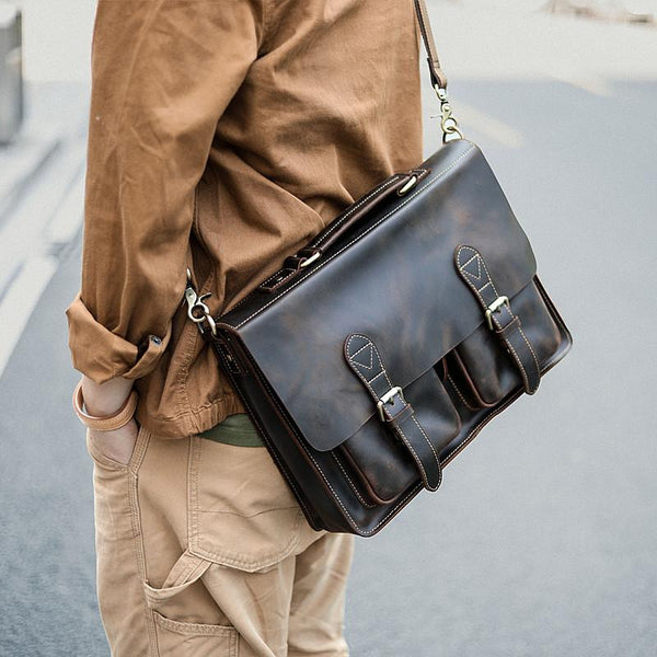 Vintage Dark Brown Mens Leather Briefcase Work - Back View