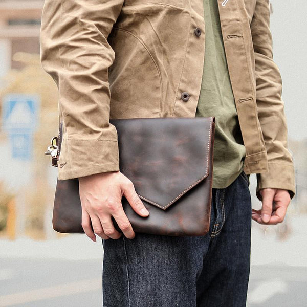 Vintage Business Leather Mens Black Envelope Bag - Back View