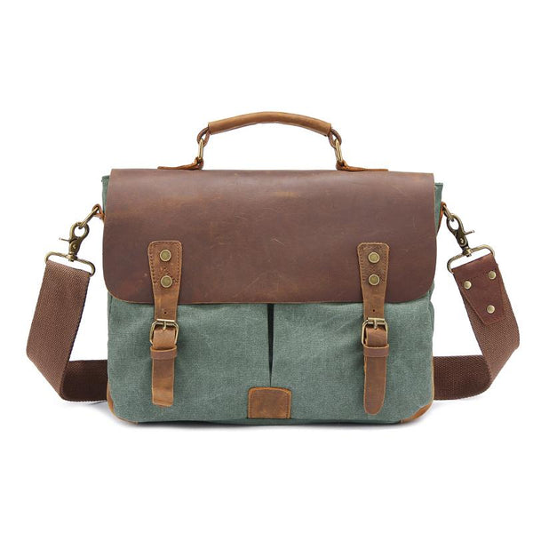 Canvas Leather Mens 14" Simple Khaki Briefcase Side Bag Lake Green Messenger Bag SCC01691053