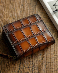 Small Brown Leather Zip Wallet Crocodile Pattern Womens Zip Around Wallets Zipper Clutch Wallet for Women