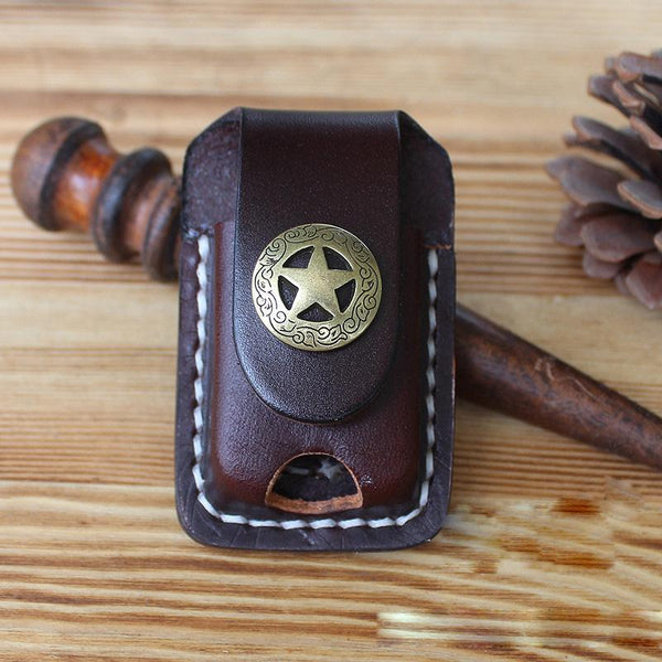 Handmade Mens Black Leather Slim Zippo Lighter - Back View