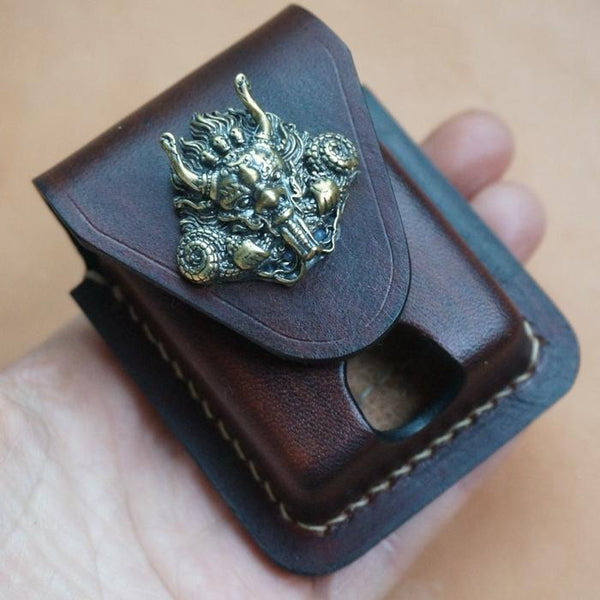 Handmade Coffee Leather Mens Armor Zippo Lighter - Back View