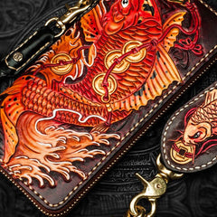 Handmade Leather Tooled Carp Mens Chain Biker Wallets Cool Leather Wallet Long Wallets for Men