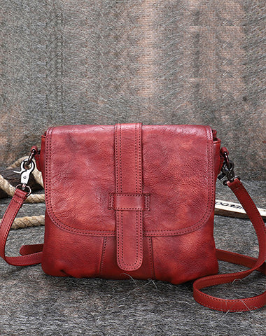 Handmade Red Leather Womens Square Shoulder Bag School Crossbody Purse for Women