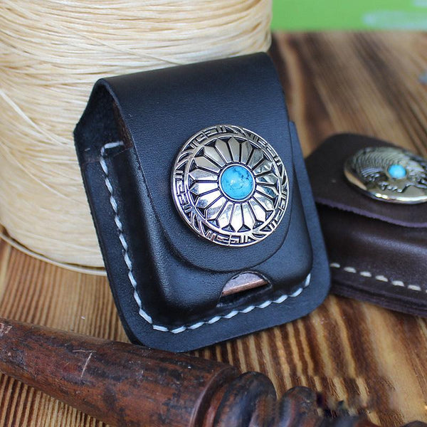 Handmade Mens Black Leather Classic Zippo Lighter - Back View