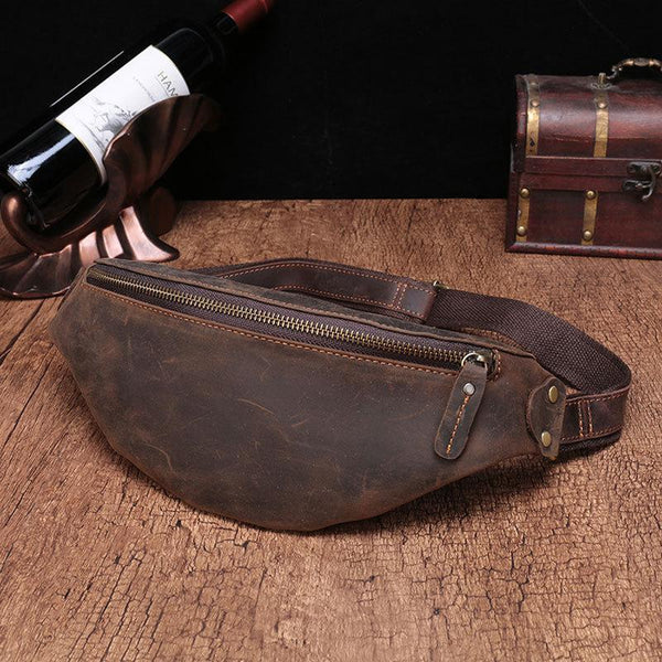 Vintage Brown Leather Men's Fanny Pack Coffee Waist Bag Chest Bag For Men FY01481143