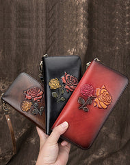 Womens Rose Flowers Coffee Leather Wristlet Wallets Zip Around Wallet Flowers Ladies Zipper Clutch Wallet for Women