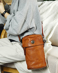 Womens Brown Leather Bucket Crossbody Bag Purse - Front View