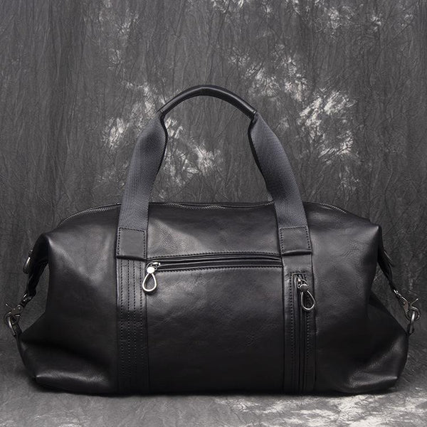 Casual Black Leather Men's Overnight Bag Large - Back View