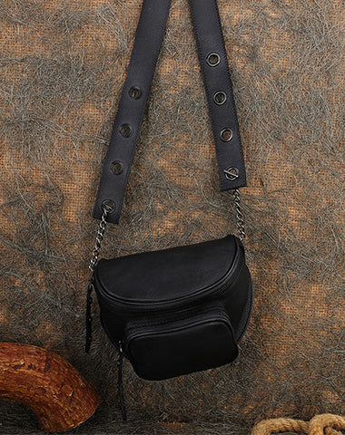 Vintage Black Gray Leather Womens Saddle Shoulder Bag Saddle Crossbody Purse for Women