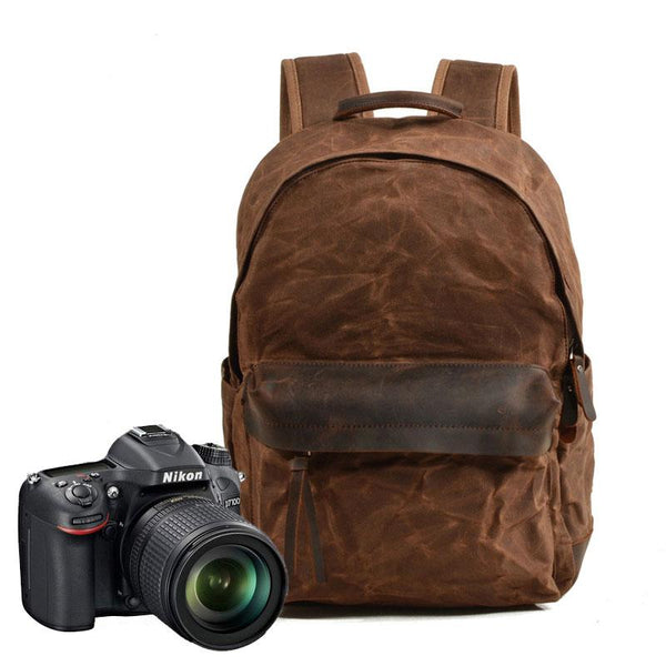 Waxed Canvas Leather Mens Camera Backpack Canvas Travel Backpack Canvas Camera B QGX01551026