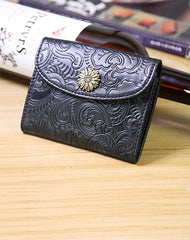 SunFlower Womens Black Leather Billfold Wallet Small Wallet with Coin Pocket Envelope Wallet for Ladies