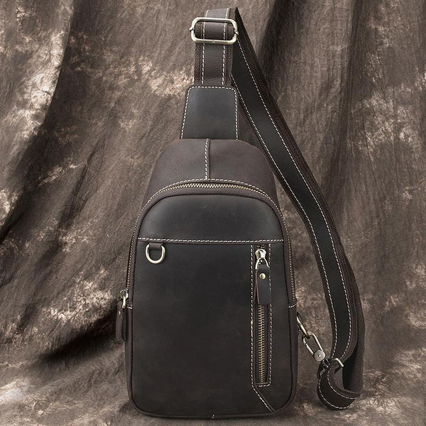 Simple Black Leather Sling Backpack Mens Sling Bag Vintage Sling Pack For Men FY01982237