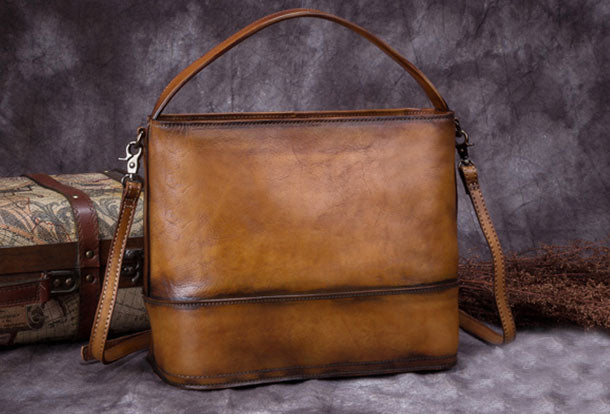 Genuine Leather Bucket Bag Vintage Handbag Bag Shoulder Bag Crossbody Bag Purse Clutch For Women - EverHandmade