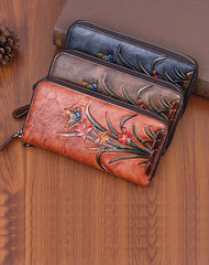 Womens Butterfly&Orchid Flower Gray Blue Leather Wristlet Wallets Zip Around Wallet Flower Ladies Zipper Clutch Wallet for Women