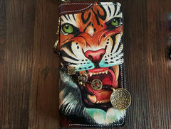 Handmade Leather Mens Clutch Wallet Cool Tiger Tooled Chain Wallet Biker Wallets for Men