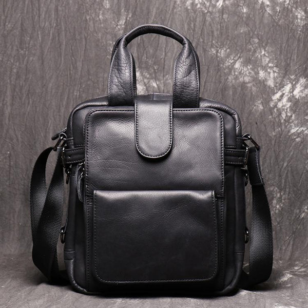Black Leather Mens Laptop Work Bag Handbag - Back View