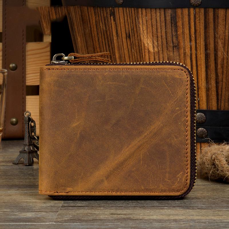 Brown Cool Leather Mens billfold Wallet Zipper Trifold Card Small Wallet for Men