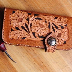 Handmade Tooled Floral Mens Leather Long Biker Wallet Cool Long Chain Wallet for Men