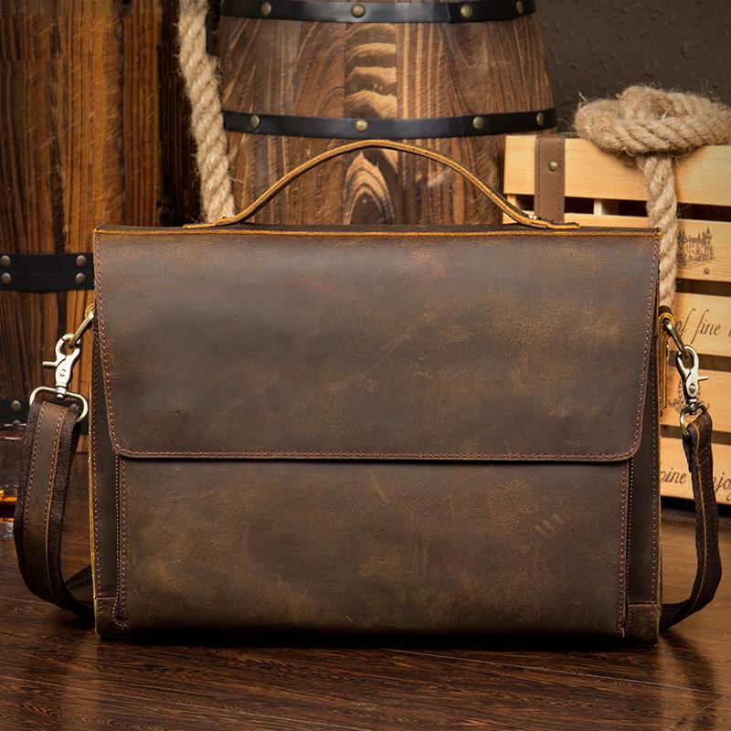 Leather Mens 14 inches Brown Briefcase Laptop Bag Business Bags Work Bags for Men