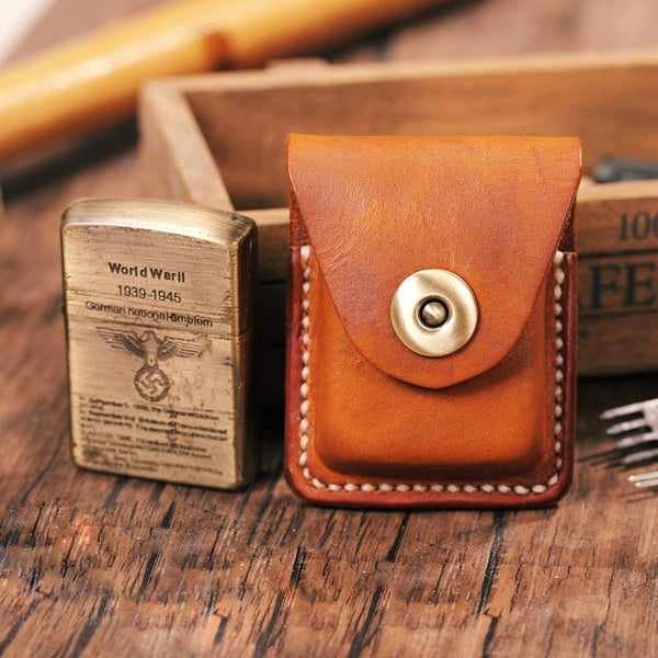 Handmade Light Brown  Leather Mens Zippo - Back View