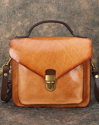 Vintage Tan Leather Womens Square Satchel Shoulder Bags School Crossbody Purse for Women