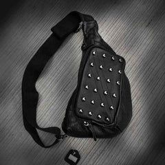 Badass Black Leather Men's Sling Bag Punk Chest Bag Rivet One shoulder Backpack Phone Bag For Men